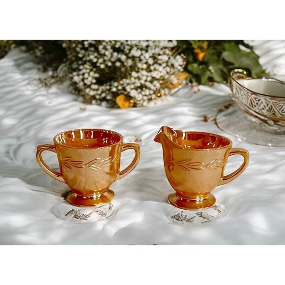 Peach Lustre Fire-King-Vintage Creamer & Sugar Set-Laurel Leaf Luster 1950s MCM - Picture 1 of 8